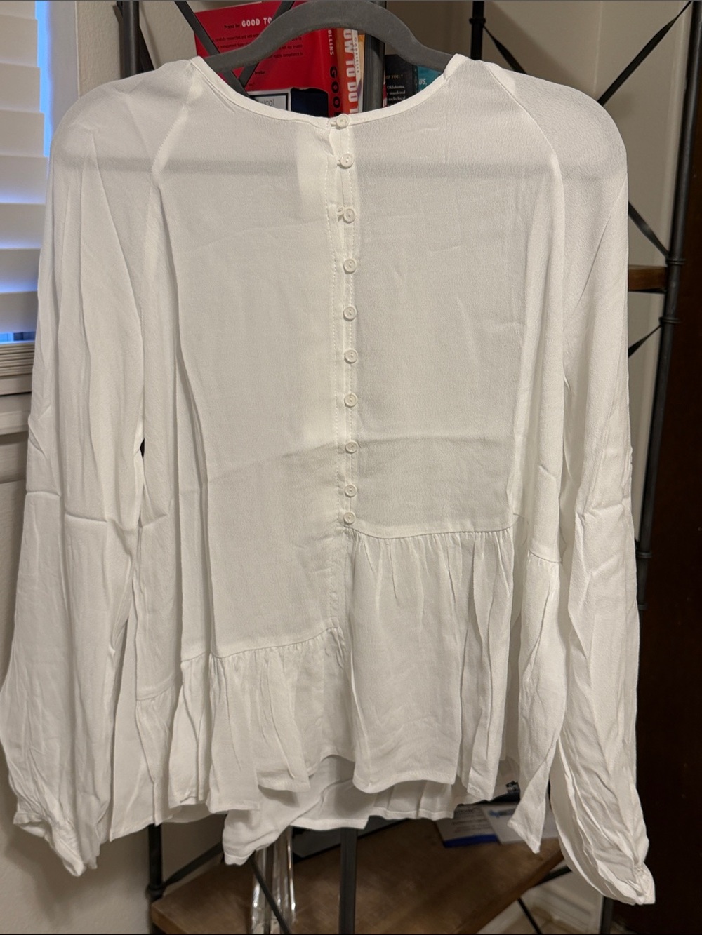 New White Chiffon Flowy Asymmetrical Front Modern Blouse Modest Boho Top Career